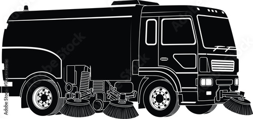 Black and white vector illustration of a professional street sweeper truck with cleaning brushes for urban road maintenance and sanitation services