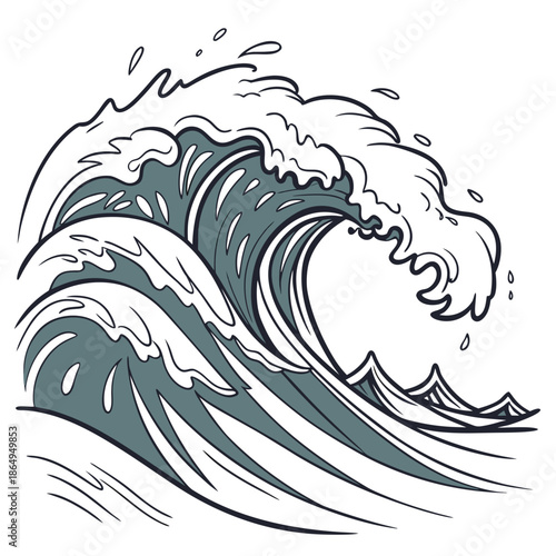 Powerful Crashing Ocean Waves Stylized Vector Illustration