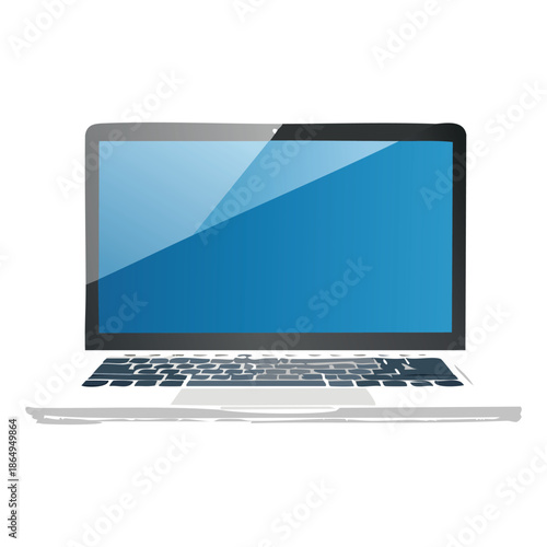 A portable silver laptop computer with an open blank blue LCD screen displays modern digital technology for business communication and web network data on a desktop keyboard