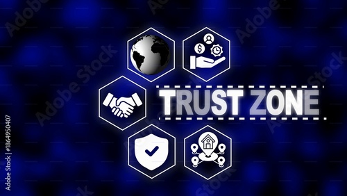 Trust Zone concept with interconnected icons and globe on a dark blue abstract background security