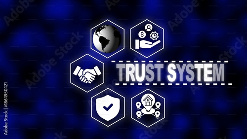 TRUSTSYSTEM text with interconnected hexagonal icons representing global connection security and finance
