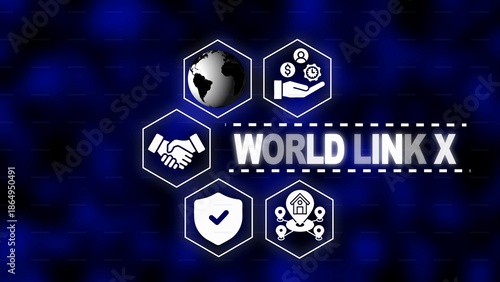 World Link X concept with interconnected hexagons and global network icons on a dark blue background