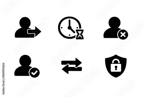 User session and account status icon set in black flat vector style. Clean access control symbols for software platforms, websites, and digital systems.