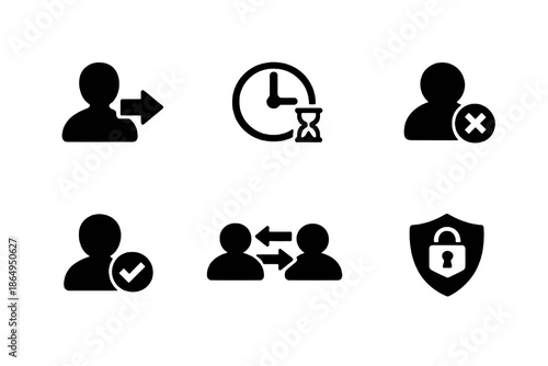 Logout and session management icon set with account status, sign out, and security actions. Black flat vector icons for apps, dashboards, and modern UI design.