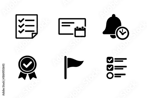 Task and to-do management icon set with reminders, priorities, and progress tracking symbols. Black flat vector icons for productivity apps and dashboard UI.