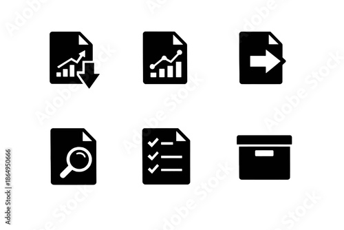 Reports and file management icon set in black flat vector style. Clean document action symbols for software platforms, websites, and digital systems.