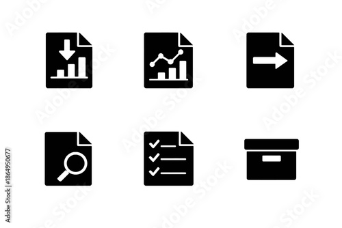 File actions and reports icon set with downloads, exports, analytics, and document management symbols. Black flat vector icons for dashboards and SaaS UI design.