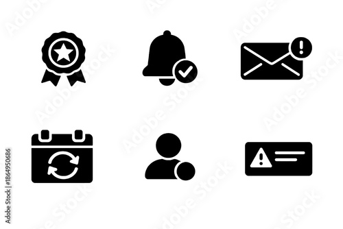 Subscription and notification icon set with alerts, renewal, and user status symbols. Black flat vector icons for SaaS dashboards and modern UI design.
