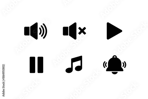 Sound and media controls icon set in black flat vector style. Clean audio and playback symbols for mobile apps, websites, and digital interfaces.