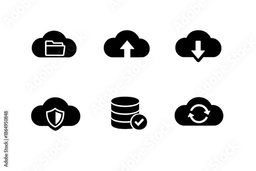 Data backup and cloud recovery icon set in black flat vector style. Clean storage symbols for software platforms, apps, and digital infrastructure.