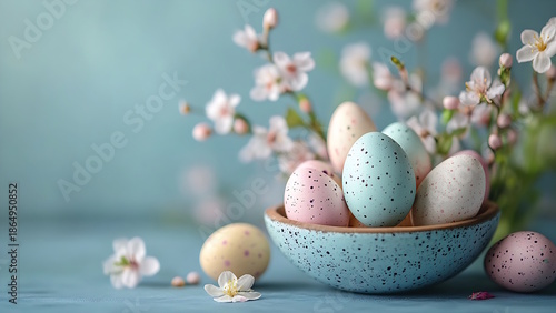 A bowl of pastel-colored, speckled Easter eggs sits among delicate white blossoms. Perfect for springtime designs, the image evokes a sense of holiday celebration.