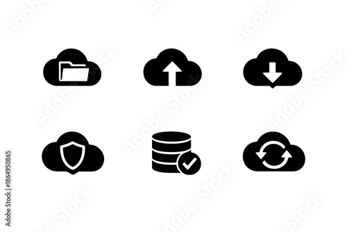Cloud storage and backup icon set with data protection, sync, and recovery symbols. Black flat vector icons for SaaS dashboards and system UI design.