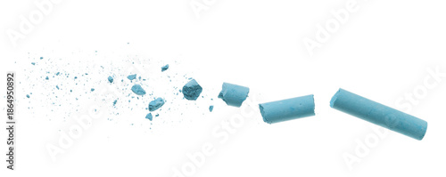 Photos Broken blue chalk with pieces flying, isolated on white background, clipping pat