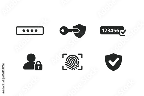 Authentication and account security icon set in black flat vector style. Clean security symbols for software platforms, websites, and digital systems.