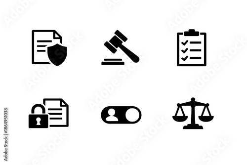 Privacy and legal compliance icon set with policy, regulation, and data protection symbols. Black flat vector icons for SaaS dashboards and professional UI design.