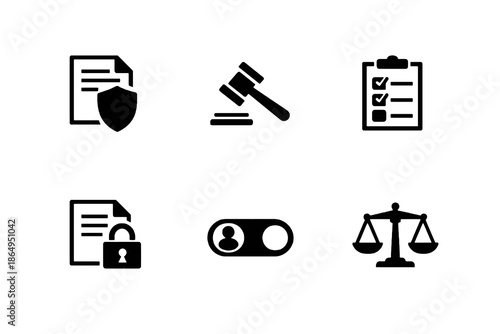 Legal and privacy icon set in black flat vector style. Clean compliance symbols for corporate platforms, websites, and digital systems.