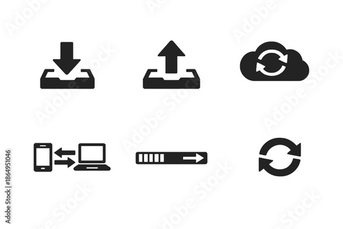 Data transfer and synchronization icon set in black flat vector style. Clean cloud and system symbols for software platforms and digital interfaces.