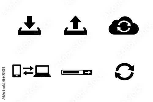 Download, upload, and sync icon set with data transfer and cloud synchronization symbols. Black flat vector icons for apps, dashboards, and system UI design.