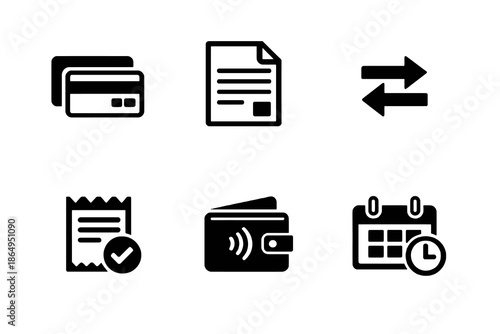 Payment and billing icon set with transactions, invoices, and digital payments. Black flat vector icons for fintech apps, dashboards, and financial UI design.