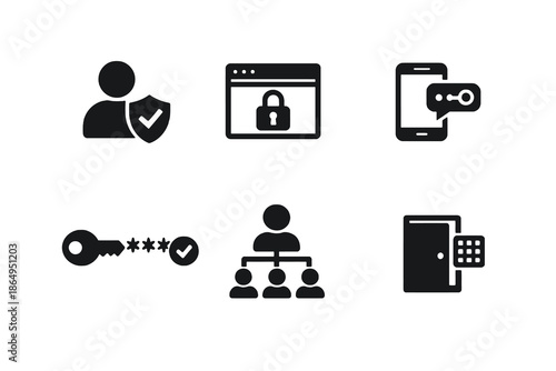 Identity management and secure access icon set in black flat vector style. Clean cyber security symbols for enterprise platforms, apps, and digital systems.