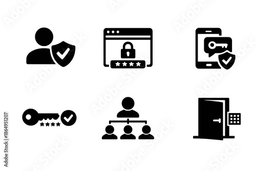 User security and access control icon set with authentication, permissions, and account protection symbols. Black flat vector icons for SaaS dashboards and security UI design.