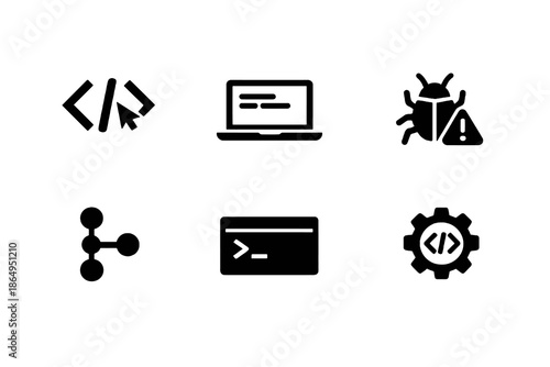 Programming and coding workflow icon set in black flat vector style. Clean software development symbols for platforms, apps, and digital engineering interfaces.