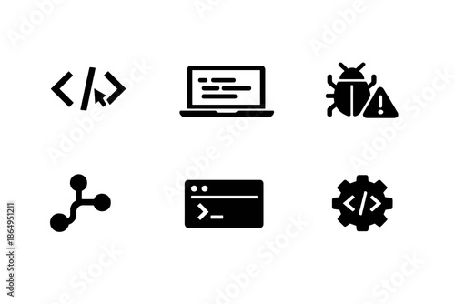 Software development icon set with coding, debugging, version control, and programming symbols. Black flat vector icons for developer tools, SaaS dashboards, and tech UI design.