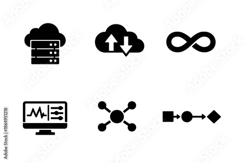 DevOps and cloud infrastructure icon set in black flat vector style. Clean technology symbols for enterprise systems, platforms, and technical UI design.