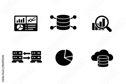 Data analytics and big data icon set with dashboards, databases, and business intelligence symbols. Black flat vector icons for BI tools, SaaS dashboards, and analytics UI design.