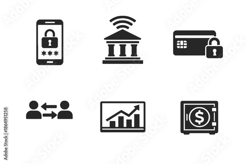 Digital banking and financial operations icon set in black flat vector style. Clean finance symbols for banks, fintech platforms, and professional UI design.