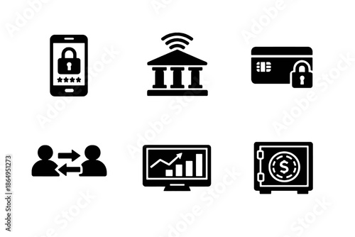 Advanced banking icon set with mobile finance, secure payments, analytics, and money transfer symbols. Black flat vector icons for fintech apps and banking dashboards.