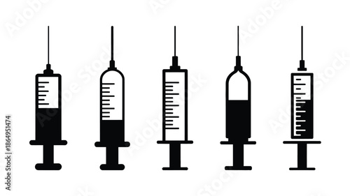 Five different types of syringes isolated on white background, Vector, illustration