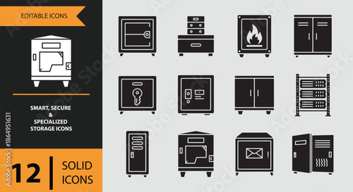 A comprehensive set of smart, secure, and specialized storage solid icons for various assets