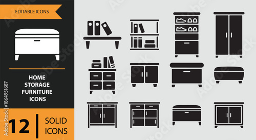 Collection of 12 solid icons for home storage furniture, including shelves, cabinets, and benches