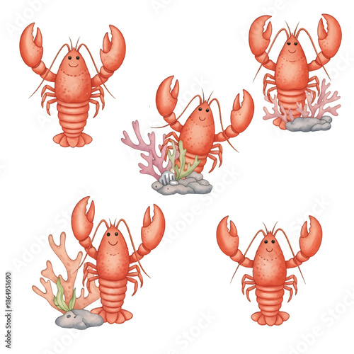 Cute cartoon vector set of red lobster shrimp and seafood characters isolated on white