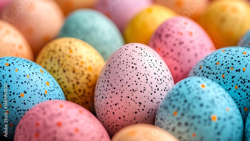 A close-up of colorful Easter eggs with polka dots in various pastel colors. These eggs are suitable for festive and decorative use in Easter celebrations.