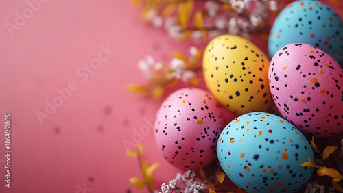 Pastel Easter eggs. A cluster of blue, pink, and yellow speckled eggs rest on a pink background surrounded by delicate white flowers.
