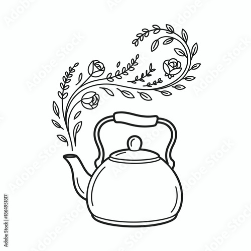 Teapot with floral vines isolated on white background, Vector, illustration