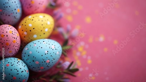 Pastel Easter eggs. A cluster of blue, pink, and yellow speckled eggs rest on a pink background surrounded by delicate white flowers.