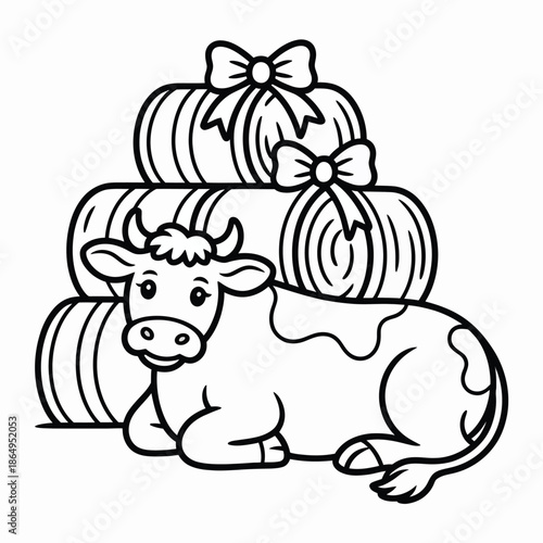 Cow laying next to hay bales isolated on white background, Vector, illustration