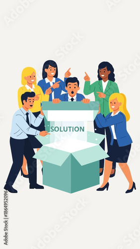 Diverse group of people working together around a box.