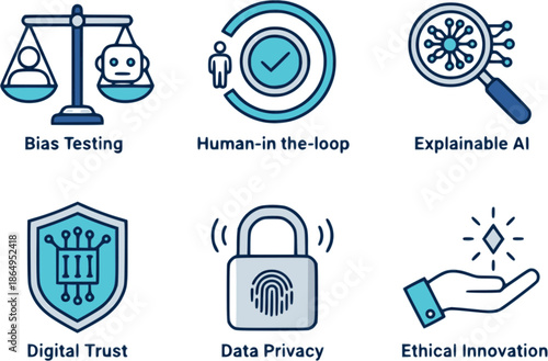 Professional AI ethics icons. Flat vector set featuring bias scales, human-in-the-loop, and data privacy symbols. High-quality sapphire and cyan graphics isolated on white background.