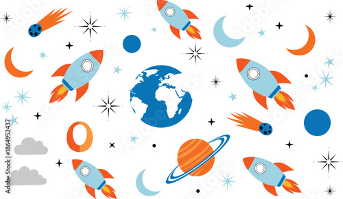 Colorful space elements set with rockets planets Earth stars and comets isolated on white background vector illustration