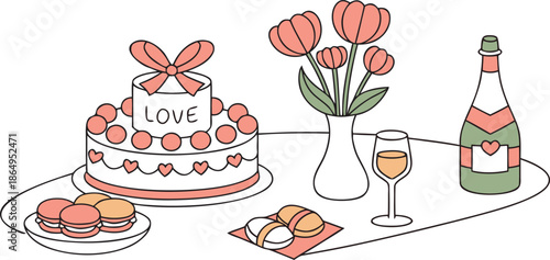 Romantic celebration with a cake, macarons, champagne, and tulips on a platter