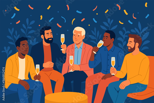 Men celebration toast night party illustration. Group of men cheering festive evening scene. Male friends raising glasses modern flat design.