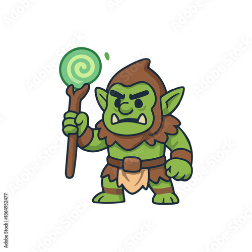 Goblin shaman holding magic staff. Angry green goblin mage character. Fantasy goblin sorcerer illustration.