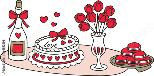 Romantic celebration with champagne, cake, macarons, and tulips, perfect for Valentine's Day or anniversaries