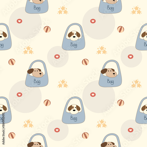 Dog in bag cartoon so cute. On ball heart star background. Pattern seamless vector illustration. 
