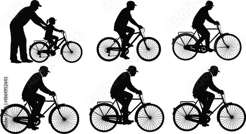 Set of bicycle rider silhouettes featuring adults cycling and a father teaching his child to ride for fitness and transportation
