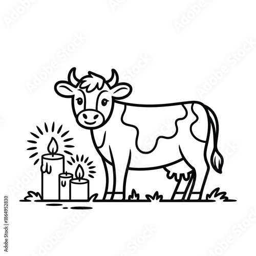 Cow beside candles isolated on white background, Vector, illustration